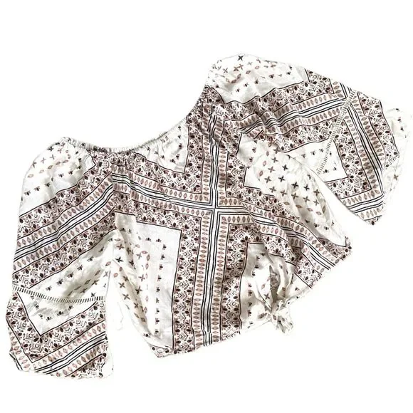 O’neil cropped short sleeve blouse XL White Tan Paisley Bohemian - Picture 2 of 8